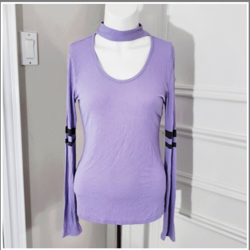 Lavender Retro Ring Neck Varsity Stripe Top